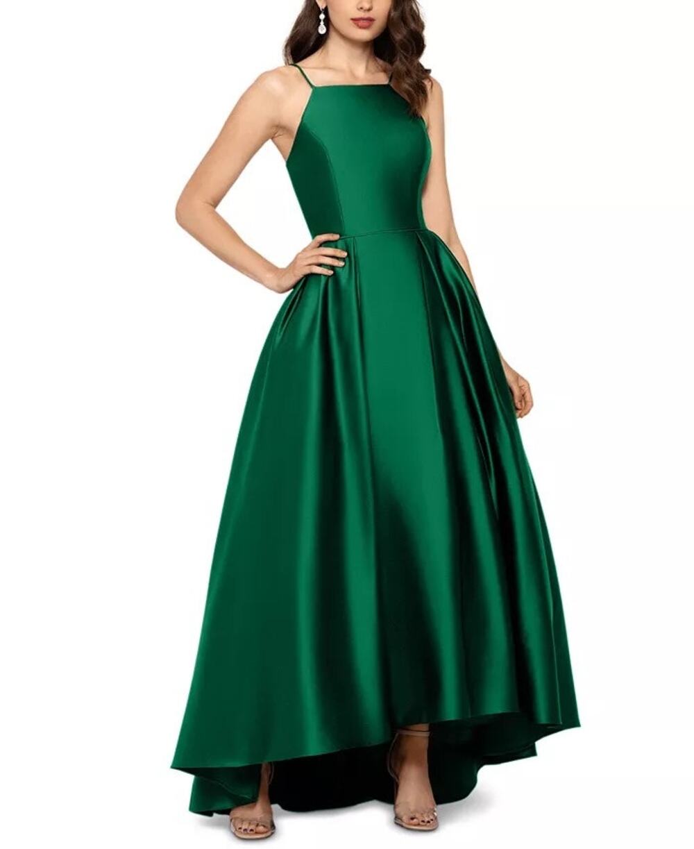 Betsy & Adam Kelly Green Satin Square Neck Pleated Waist Formal Ball Dress Gown